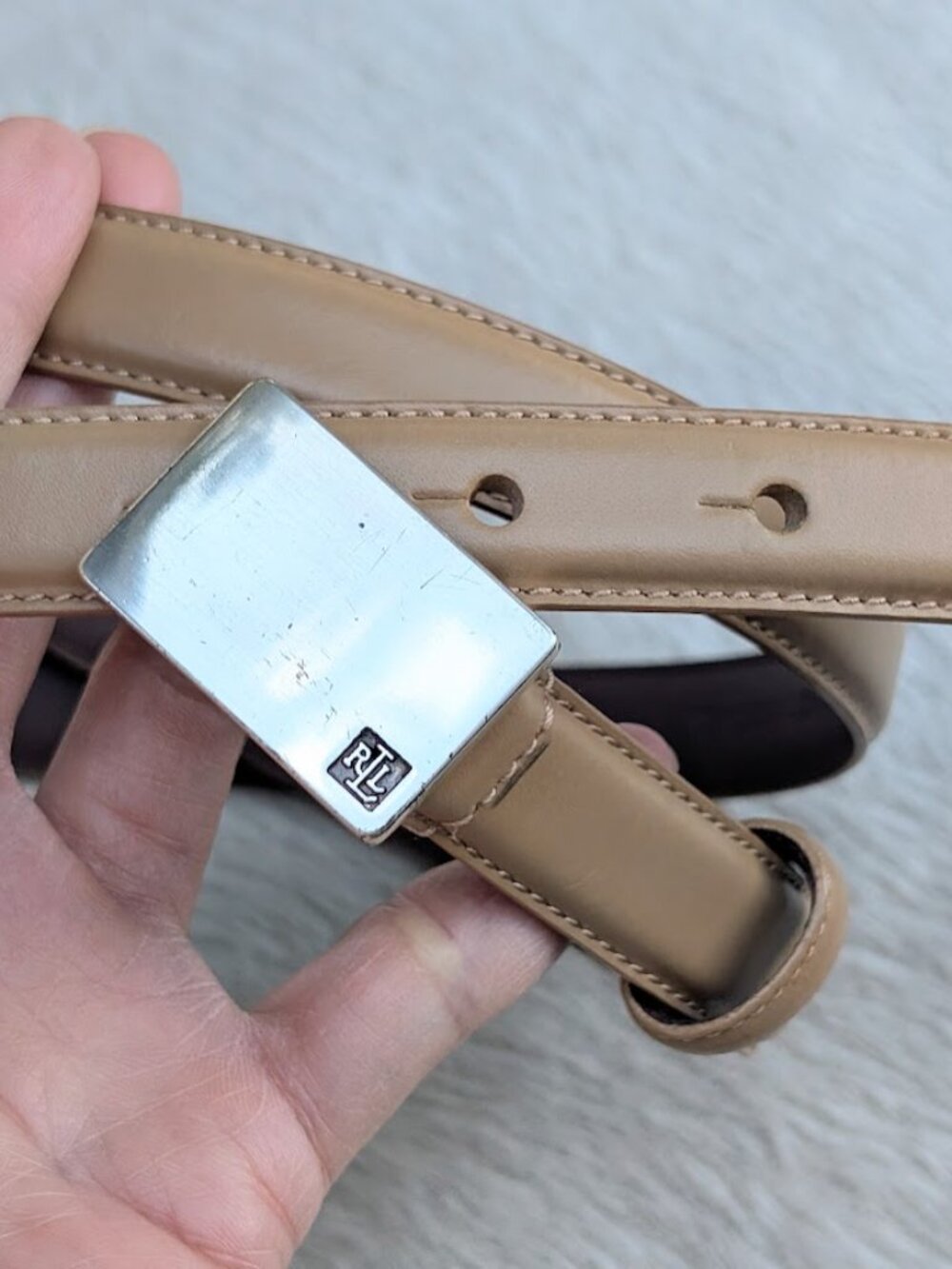 Lauren Ralph Lauren Womens Italian Leather Skinny Belt Taupe Color Size:L
